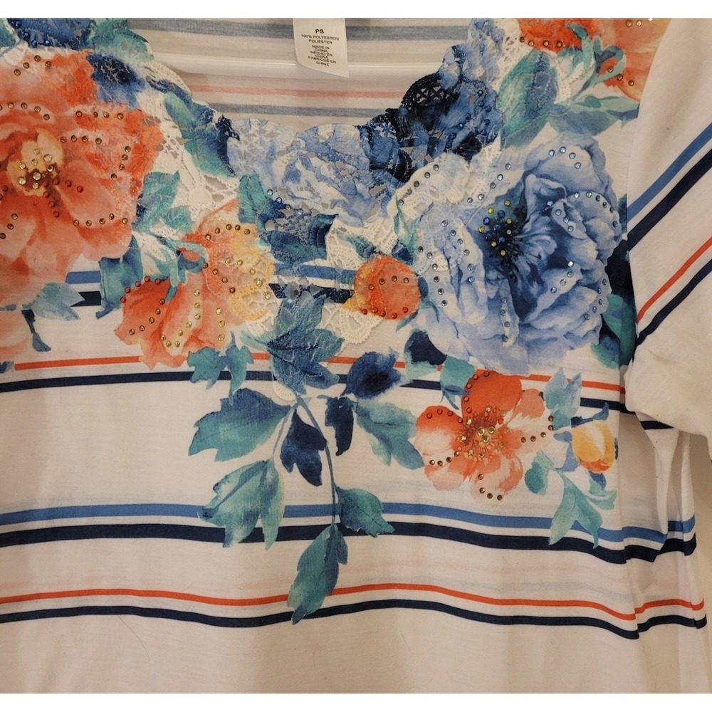 Alfred Dunner Petite Floral Striped Short Sleeve Top Womens P - Picture 2 of 7